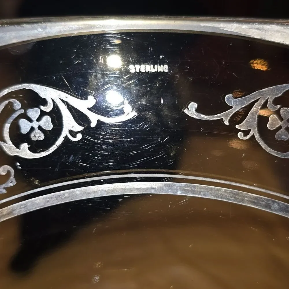 CAMBRIDGE AMBER GLASS Serving Sandwich Tray!  Art Deco Design,Sterling Etching! - Picture 6 of 9